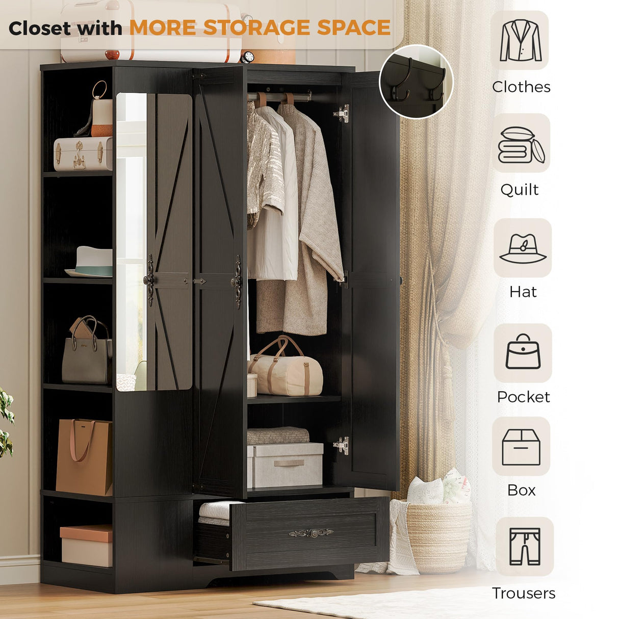 ANCTOR Armoire Wardrobe Closet with Mirror, 70" H Wooden Bedroom Armoires and Wardrobes with 2 Doors, 5 Shelves, Hooks and Drawer, Clothing Storage Cabinet with Hanging Rod, Black ANCTOR