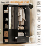 ANCTOR Armoire Wardrobe Closet with Mirror, 70" H Wooden Bedroom Armoires and Wardrobes with 2 Doors, 5 Shelves, Hooks and Drawer, Clothing Storage Cabinet with Hanging Rod, Black ANCTOR