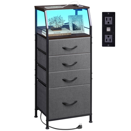 WLIVE Nightstand with Charging Station, Night Stand with LED Light, Tall 4 Drawer Dresser for Bedroom, 37" H Bedside Table with Fabric Storage Bins, Open Wood Shelf, Metal Frame, Dark Grey WLIVE