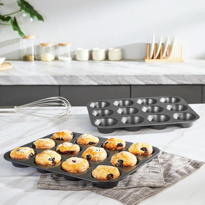 HONGBAKE Muffin Pan for Baking, Nonstick Cupcake Tin 12 Cup, 2 Pack Cup Cake Tray, Premium Cheesecake Pans, Dishwasher Safe - Dark Grey