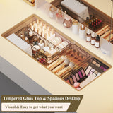 HUAHUU Vanity Desk with Mirror and Lights, 45.3'' Large Makeup Vanity with Glass Top & Power Outlet, White Vanity Table with 3 Drawers & 2 Cabinets & Hidden Storage Shelves, 3 LED Lighting Modes HUAHUU