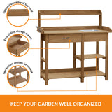 MUPATER Potting Bench Garden Table for Outdoors with Removable Stainless Sink, Planting Work Bench with Storage Shelves and Drawer, Natural Wood MUPATER