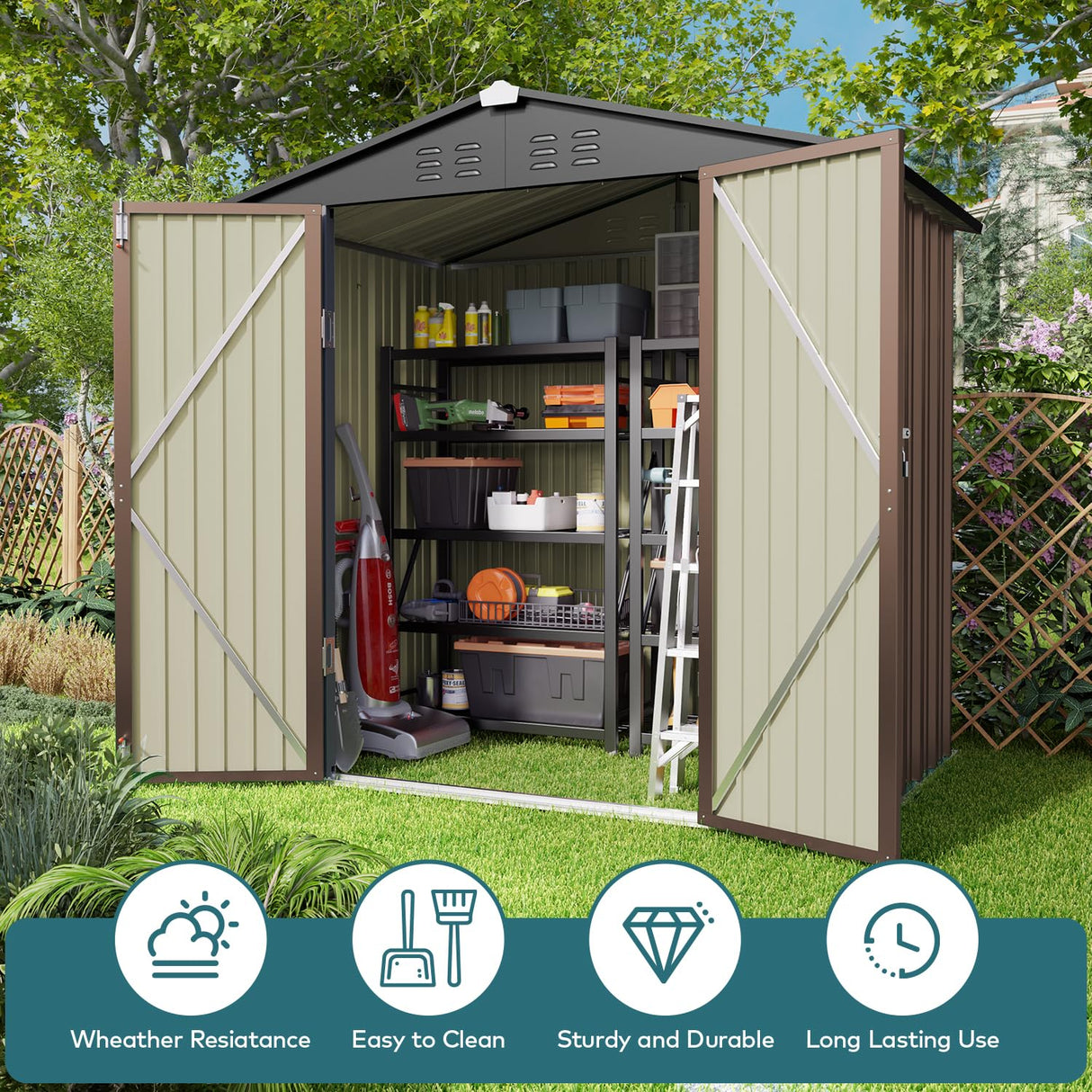Gizoon Outdoor Storage Shed 6 x 4 FT, Galvanized Metal Garden Shed with Double Lockable Doors, Outdoor Storage Clearance for Backyard Patio Lawn-Light Brown Gizoon