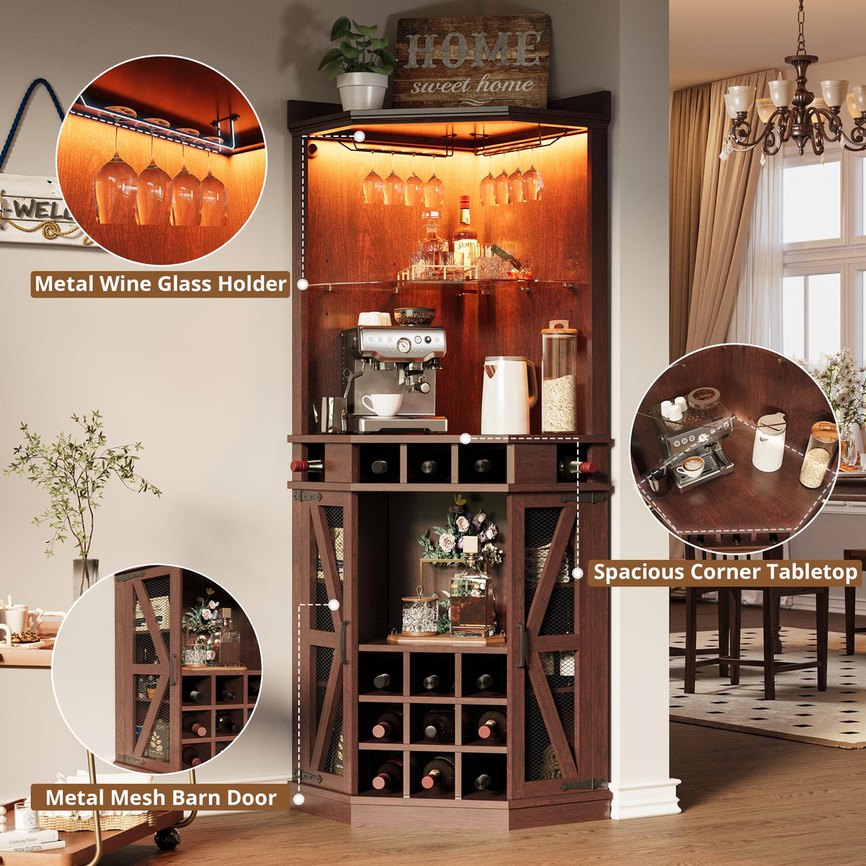 IRONCK Corner Bar Cabinet, 72.4" Tall Wine Cabinet with LED Light & Tempered Glass Rack, Home Bar Liquor Cabinet & Coffee Bar with Barn Door & Adjustable Shelf for Living Room, Dining Room, Red Walnut IRONCK