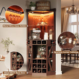 IRONCK Corner Bar Cabinet, 72.4" Tall Wine Cabinet with LED Light & Tempered Glass Rack, Home Bar Liquor Cabinet & Coffee Bar with Barn Door & Adjustable Shelf for Living Room, Dining Room, Red Walnut IRONCK