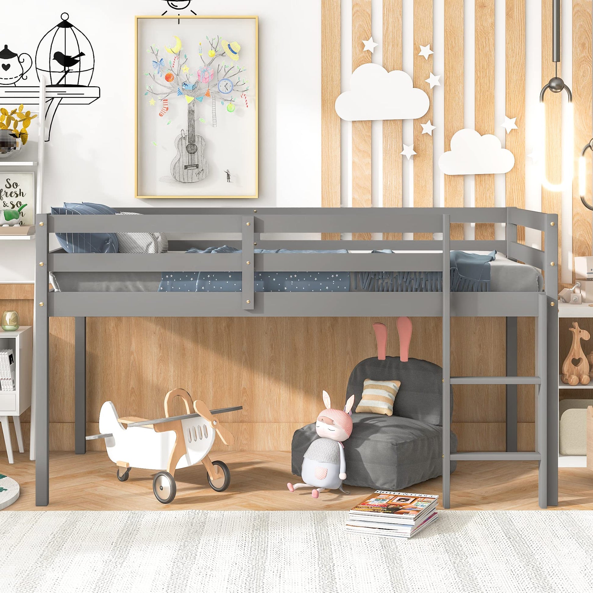 LoLado Twin Loft Bed - Grey Solid Wood Bed Frame with Guard Rails and Built-In Ladder for Kids - WoodArtSupply