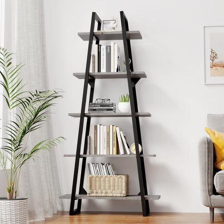 IDEALHOUSE 72" Book Shelf with Metal Frame, A-Shape Ladder Shelf with 5-Tier Wood Adjustable Shelves, Industrial Bookcase with Function Bezel for Home Living Room Bedroom Office Storage, Grey IDEALHOUSE