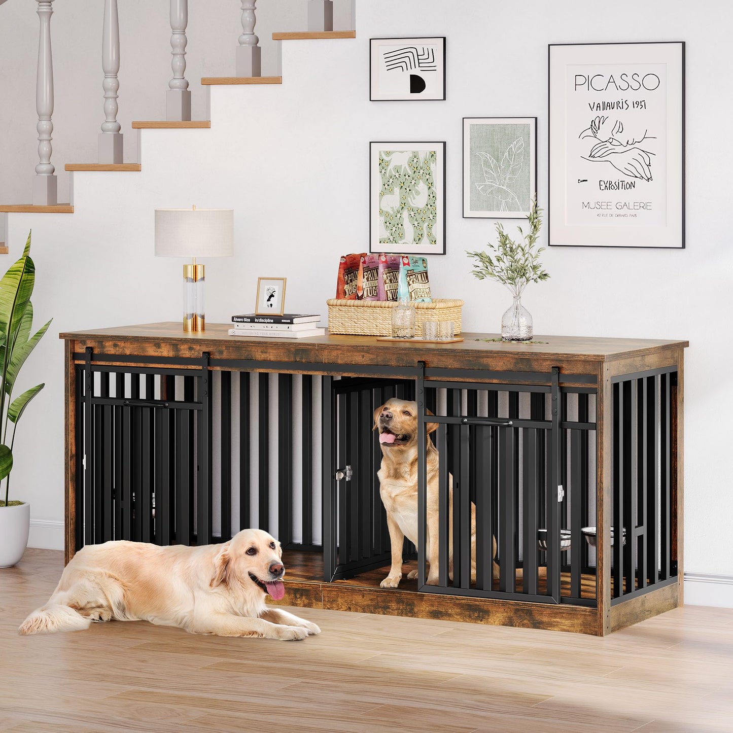 DWVO 71" Double Dog Crate Furniture for 2 Medium Dogs, Heavy Duty Wood Dual Dog Kennel TV Stand with Sliding Doors, Decorative Wooden Two Dog Cage Table with Dog Bowl for Extra Large Dogs Rustic Brown