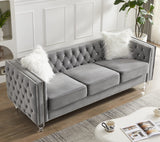 mikibama Velvet 3 Seater Sofa Couch with Buttons and Square Arms 83.07 Inch Tufted 3-seat Sofas with Trimmed Nailhead and Acrylic Legs Modern Couches for Living Room,Bedroom(Grey-Crystal Legs, Sofa) mikibama