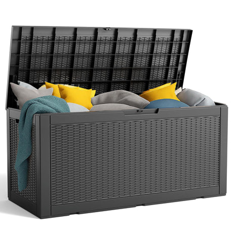 100 Gallon Resin Deck Box, Lockable Patio Outdoor Storage Box for Furniture, Garden Tools and Tools Storage, Waterproof Outside Storage Boxes - Black PatioZen