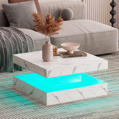 HedoAjim White Marble LED Coffee Table for Living Room, Living Room Table 2-Tier Square Middle Center Table, Modern Coffee Tables with Storage, Contemporary Wood Tea Tables for Dining Reception
