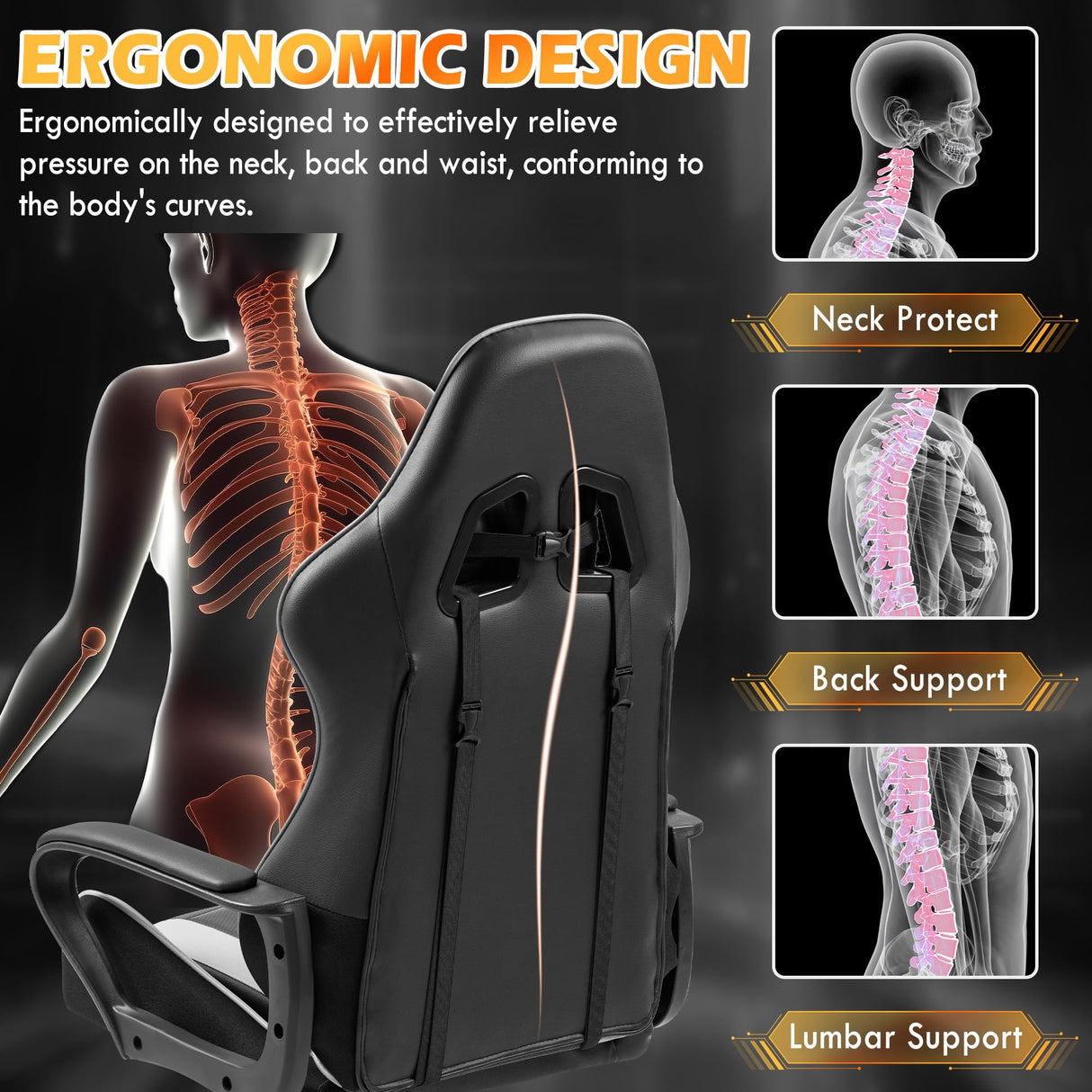 ECOTOUGE Gaming Chair, Ergonomic Computer Gamer Chair with Massage Lumbar Support & Rocking High Back, 360° Swivel Video Game Chair for Gaming or Office, Height Adjustable (White) ECOTOUGE