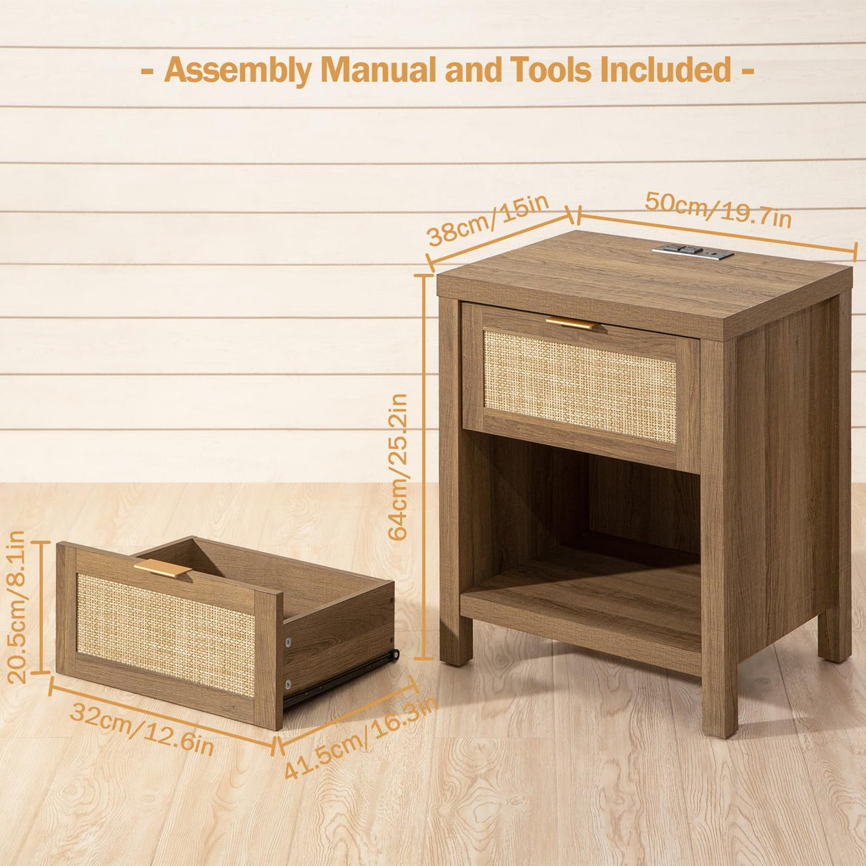 SICOTAS Rattan Nightstand Set of 2, Farmhouse Night Stands with Charging Station Bedside Table with Drawer, Boho End Table with USB and Type-C Ports for Bedroom Small Space, Oak Wood SICOTAS