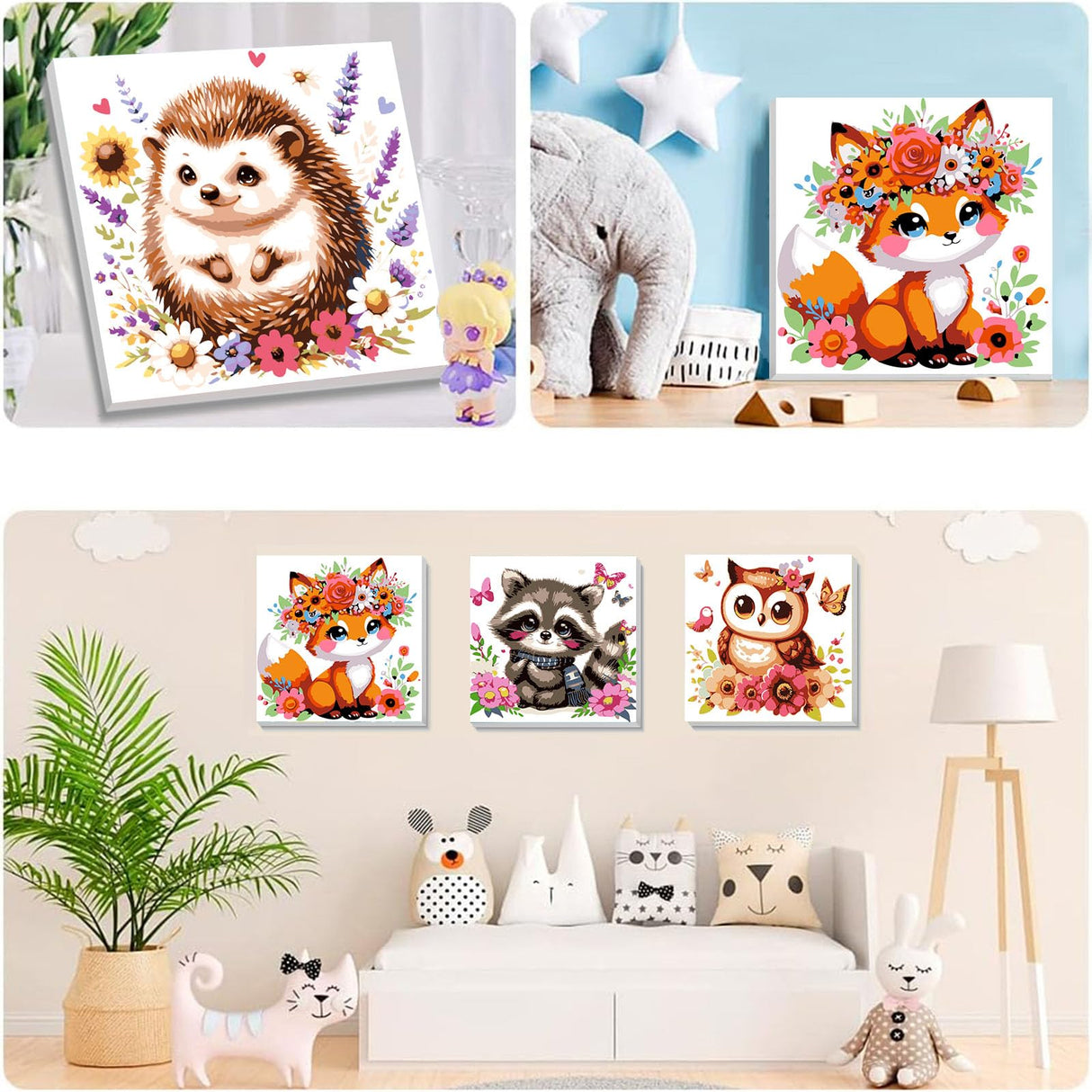 4 Pack Animal Paint by Number for Kids with Wooden Frame, Paint by Numbers for Kids Animals Ages 4-8-12, Easy Owl Fox Hedgehog Raccoon DIY Acrylic Oil Painting Kits for Home Wall Decor (8X8 inch) xackcme