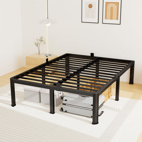 14 Inch Queen Bed Frame, Metal Platform Bed Frame with Round Corner Legs, 3500 lbs Heavy Duty Steel Slats Support, No Box Spring Needed, Noise Free, Easy Assembly, Black Superay