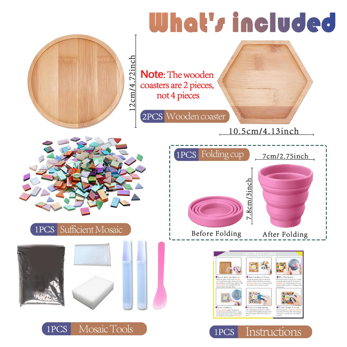 DIY Mosaic Tiles Crafts Kits for Adults, Mixed Stained Glass Mosaic Kit with 2 Sets Wooden Coaster Making Materials Package,Mosaic Adult Crafts for Women Kids Beginners Handmade Home Decor Gifts Nuyoach