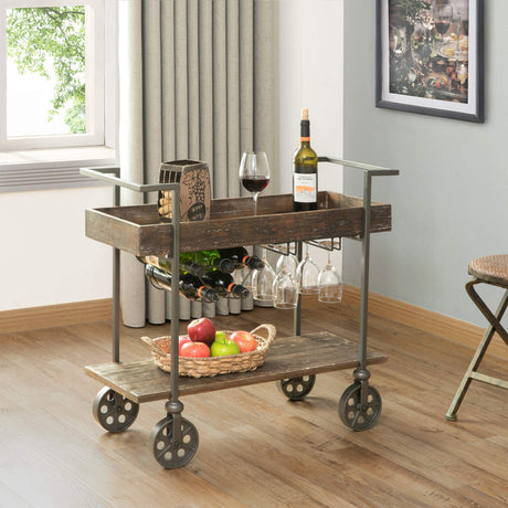 FirsTime & Co. Factory Row Industrial Farmhouse Bar Kitchen and Coffee Serving Cart with Wine Rack, Wheels and Handles, Aged Black, 32.75 L x 14.25 W x 29.75 H inches, Rustic Brown FirsTime & Co.