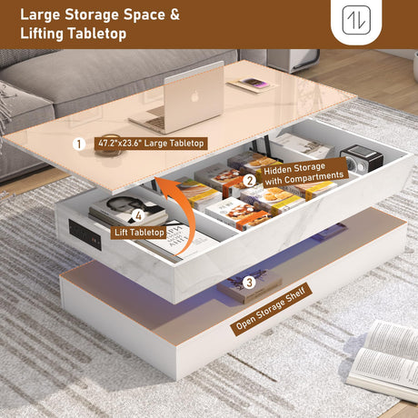 chartustriable 47.2" Large Lift Top Coffee Table with Charging Station, LED Modern High Glossy Center Table with Hidden Compartment Storage, White Lift Living Room Tables with Marbling Print, White chartustriable