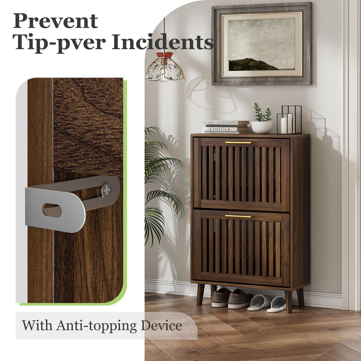 Shoe Cabinet, Shoe Storage Cabinet with Louvered 2 Flip Drawers, Narrow Shoe Cabinet Storage for Entryway, Freestanding Shoe Organizer Cabinet with Golden Handles, Slim Shoe Rack Cabinet (Walnut) Algherohein