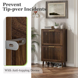 Shoe Cabinet, Shoe Storage Cabinet with Louvered 2 Flip Drawers, Narrow Shoe Cabinet Storage for Entryway, Freestanding Shoe Organizer Cabinet with Golden Handles, Slim Shoe Rack Cabinet (Walnut) Algherohein