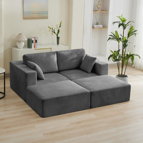 83'' Boneless Loveseat Sofa, Comfy Deep Seat Cloud Couch with 2 Moveable Ottoman, No Assembly Corduroy Love Seat for Living Room, Grey WUTUTUEE