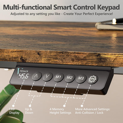 VVENACE 63 x 28 Electric Standing Desk Adjustable Height 4 Memory Preset, 4 Wheels, 2 Headphone Hook, Home Office Desk, Stand Up Sit Stand Desk Computer Table, Splice Board Rustic Brown
