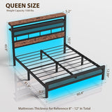 ZENBEDING Led Bed Frame Queen Size, Metal Platform Bed Frame with 2-Tier Storage Headboard, Mesh Queen Bedframe with Charging Station, Easy Assembly and No Box Spring Needed (Rustic Brown) ZENBEDING