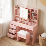 Karl home Makeup Vanity with Lighted Mirror Bedroom Vanity Desk with Charging Station Large Vanity Set with Transparent Desk, Drawers, Cabinet, Shelves for Storage in Bedroom, Light Pink Karl home