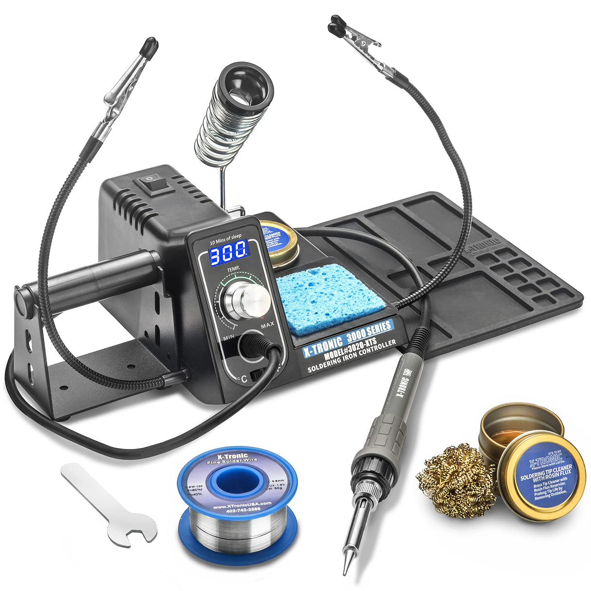 The Original X-Tronic 3020-XTS • 75W Soldering Iron Station • LED • 2 Helping Hands • Roll of Solder • Brass Sponge w/Cleaning Flux • Wet Sponge • °C/°F Conversion Switch • 10 Minute Sleep Feature! X-TRONIC