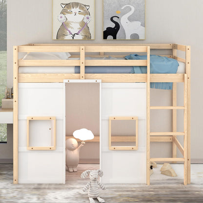 Harper & Bright Designs Twin Size Loft Bed with Storage Wardrobe, Playhouse Design, Guardrail & Ladder in Natural & White - WoodArtSupply