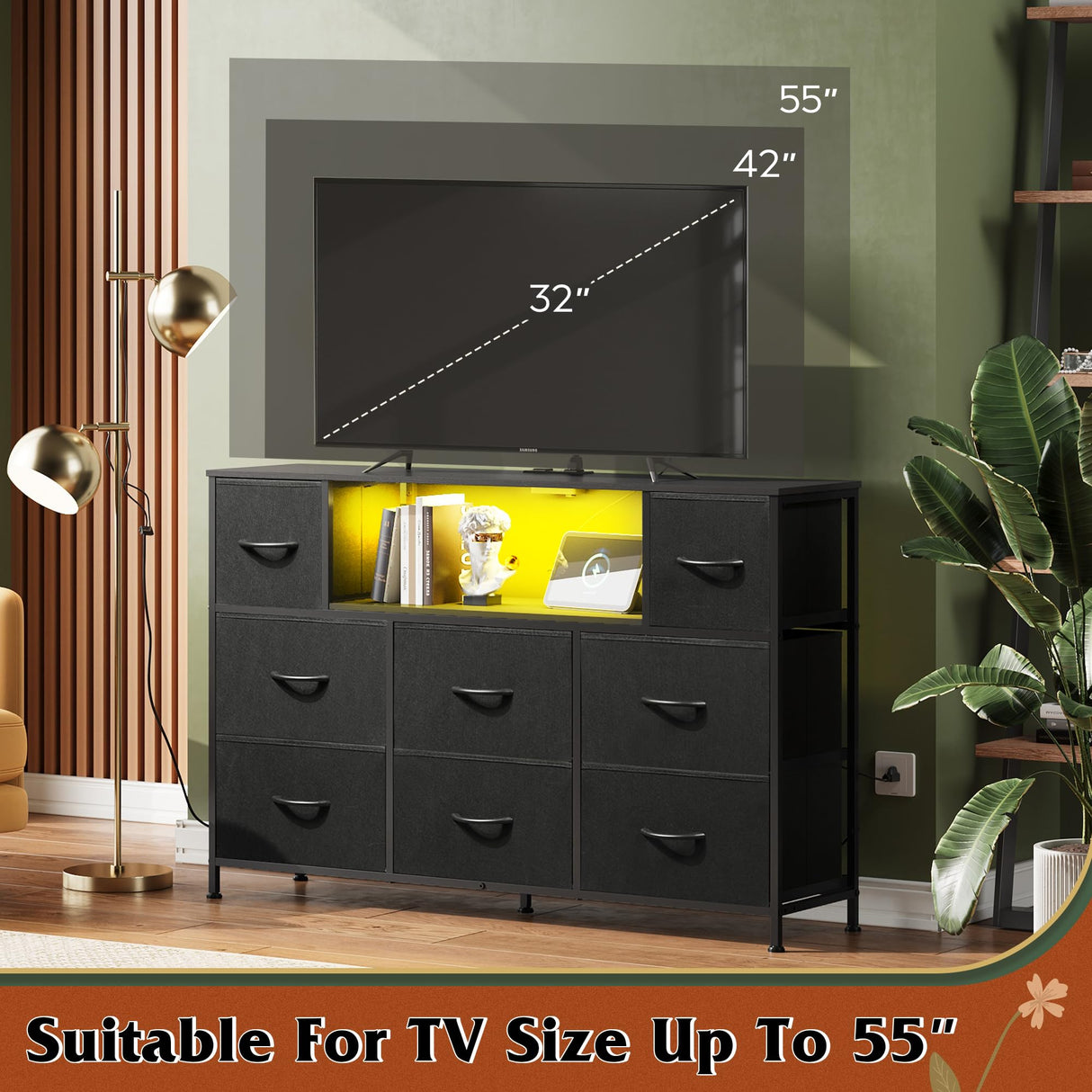 WLIVE Black Dresser for Bedroom, TV Stand for Bedroom for 55 inch TV with Charging Station and LED Lights, Fabric Chest of Drawers with Open Shelves, 8 Drawers Dressers for Living Room, Closet WLIVE