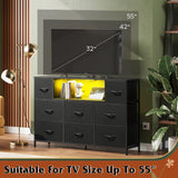 WLIVE Black Dresser for Bedroom, TV Stand for Bedroom for 55 inch TV with Charging Station and LED Lights, Fabric Chest of Drawers with Open Shelves, 8 Drawers Dressers for Living Room, Closet WLIVE