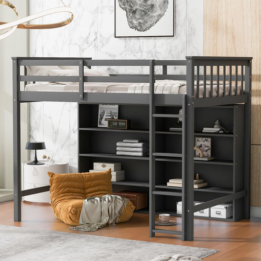 SOFTSEA Twin Size Grey Loft Bed with Open Storage and Ladder for Kids - WoodArtSupply