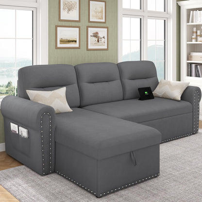 Sleeper Sofa Bed, 87'' Sectional Couch with Reversible Storage Chaise & Nailhead Armrest, Pull Out Couches for Living Room, Side Pocket & Charging Station, Removable Backrest, Velvet Fabric, Dark Grey