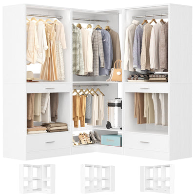 Homieasy Closet System Organizer of 3 sets, Wardrobe Closet with 6 Hanging Sections, 2 Pants Rack, 4 Hanging Rods, 2 Drawers, Freestanding Closet Organizer for Bedroom & Walk-in Closets, White