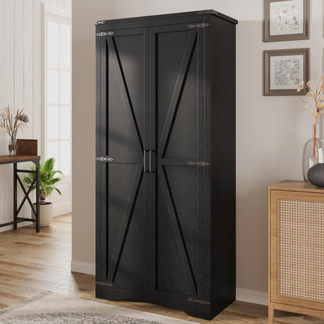 Befrases 72" H Farmhouse Storage Cabinet with Adjustable Shelves, Large Pantry Organize with 2 Barn Doors, Tall Freestanding Cabinet for Kitchen, Bathroom/Garage/Basement/Living/Utility Room, Black Befrases