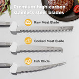HBN Electric Knife Serrated Edge Blade Knife Set for Carving Meat, Bread, Turkey, Ribs, Fillet and Cheese, Ergonomic Handle + 3 Blades for Raw & Cooked Food (Wood Grain Finish) HBN