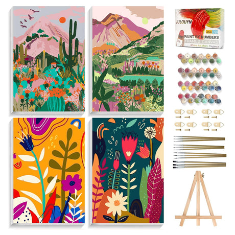 JULOUYN 4 Pack Paint by Numbers Kit for Adults with Framed, Landscape Easy Flowers Paint by Number Kits On Canvas with Wooden Easel, Painting by Numbers for Beginner Gift Home Decor 8x12 in JULOUYN