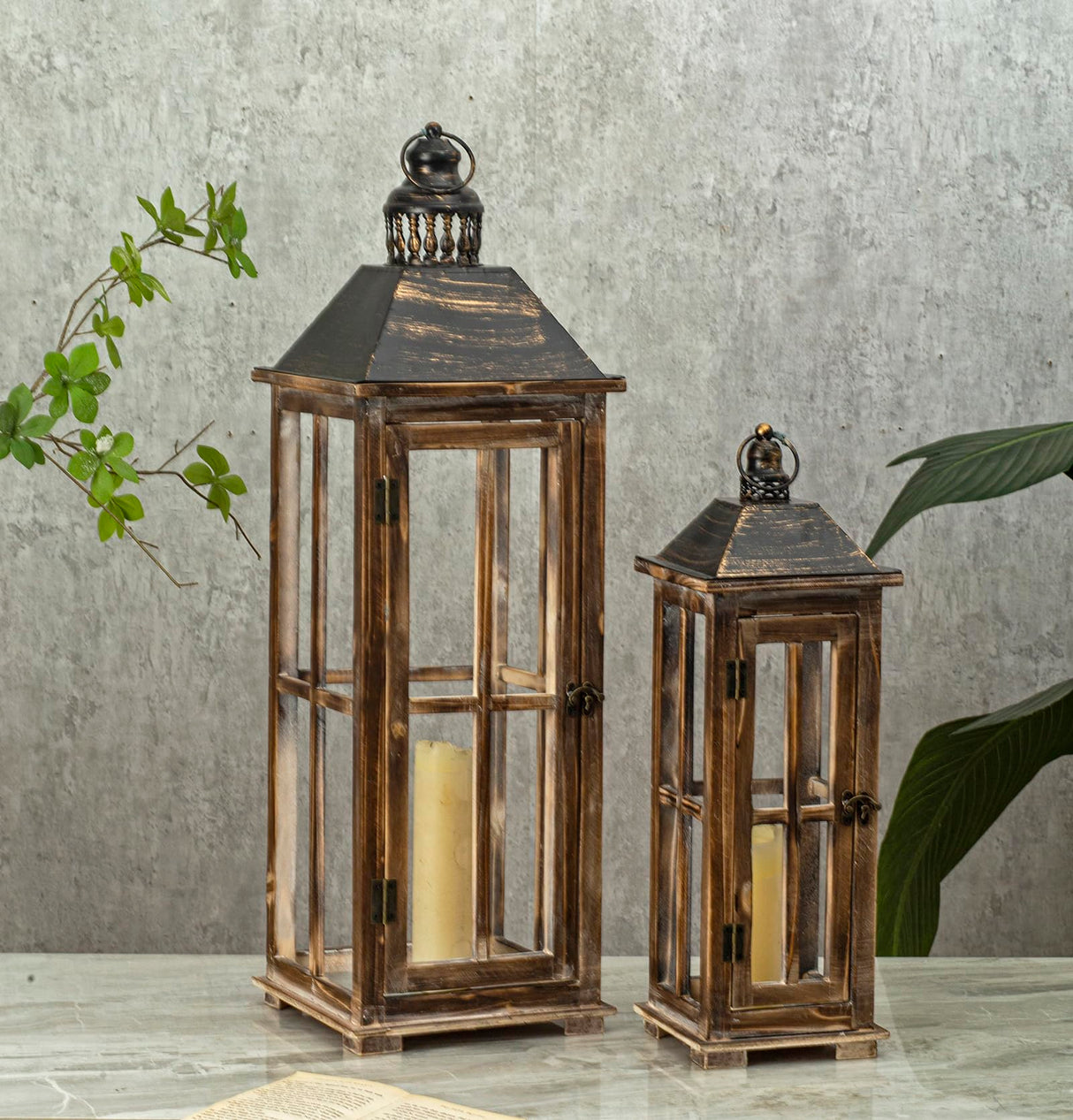 Large Farmhouse Wooden Decorative Lantern Set of 2, Rustic Distressed Brown Burnt Wood Floor Candle Lanterns, Indoor/Outdoor Hanging Lanterns for Home Decor (No Glass) TIMRIS
