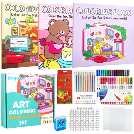 Cute Coloring Book Set for Teens Adults Relaxation, Easy and Simple Designs Coloring Book for Teens Girls, Stress Relief Gifts for Women with 36 Colors Markers & 12 Glitter Pens & 12 Colored Pencils Duyabe