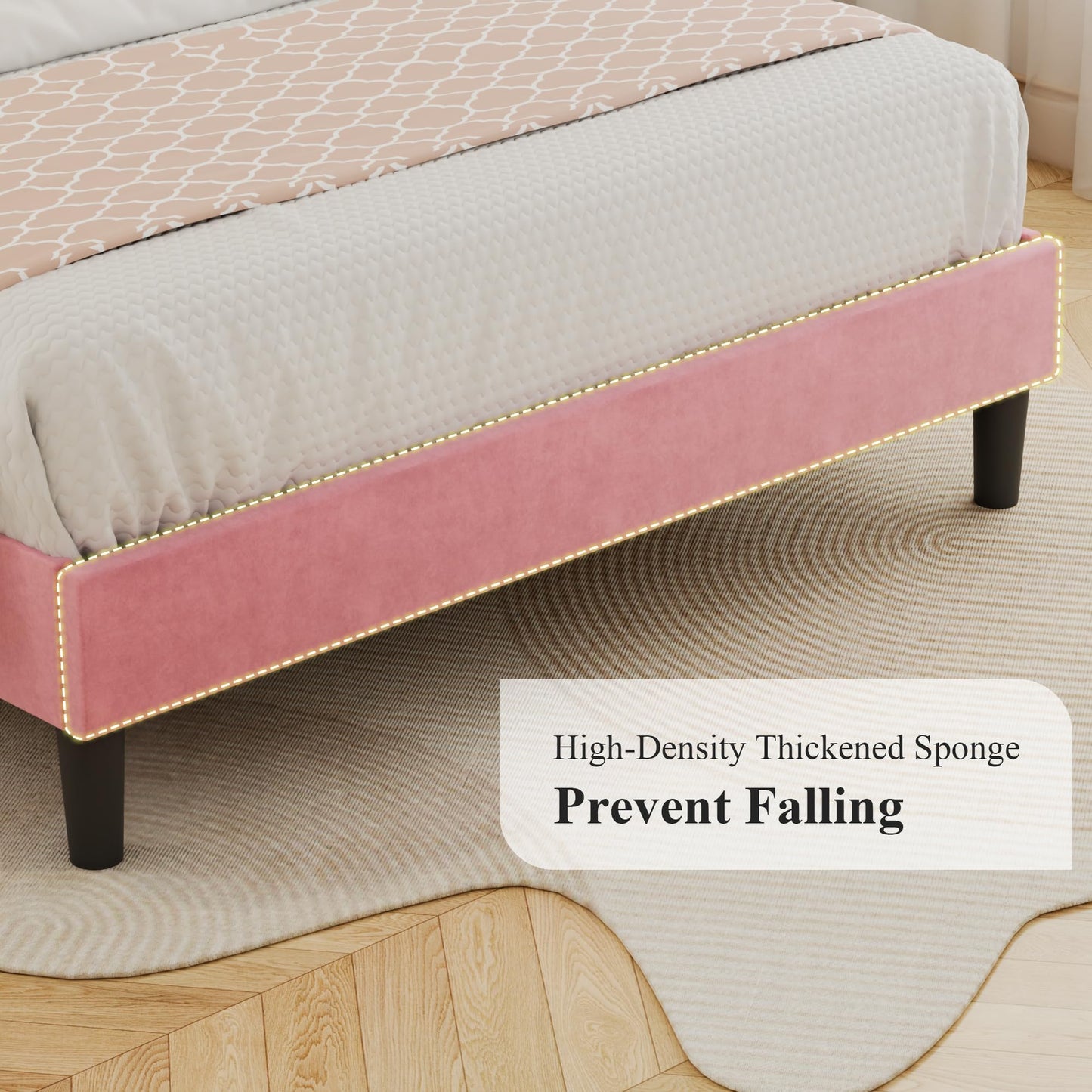 VECELO Queen Size Bed Frame, Upholstered Platform with Adjustable Diamond Tufted Headboard, Wood Slat Support, No Box Spring Needed, Pink