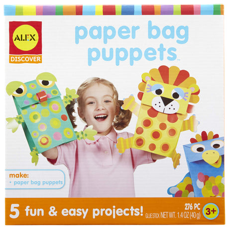 ALEX Toys Paper Bag Puppets Kids Art and Craft Activity Multicolor, includes 5 colored bags, 270 stickers and paper shapes, glue stick and easy picture instructions ALEX Toys