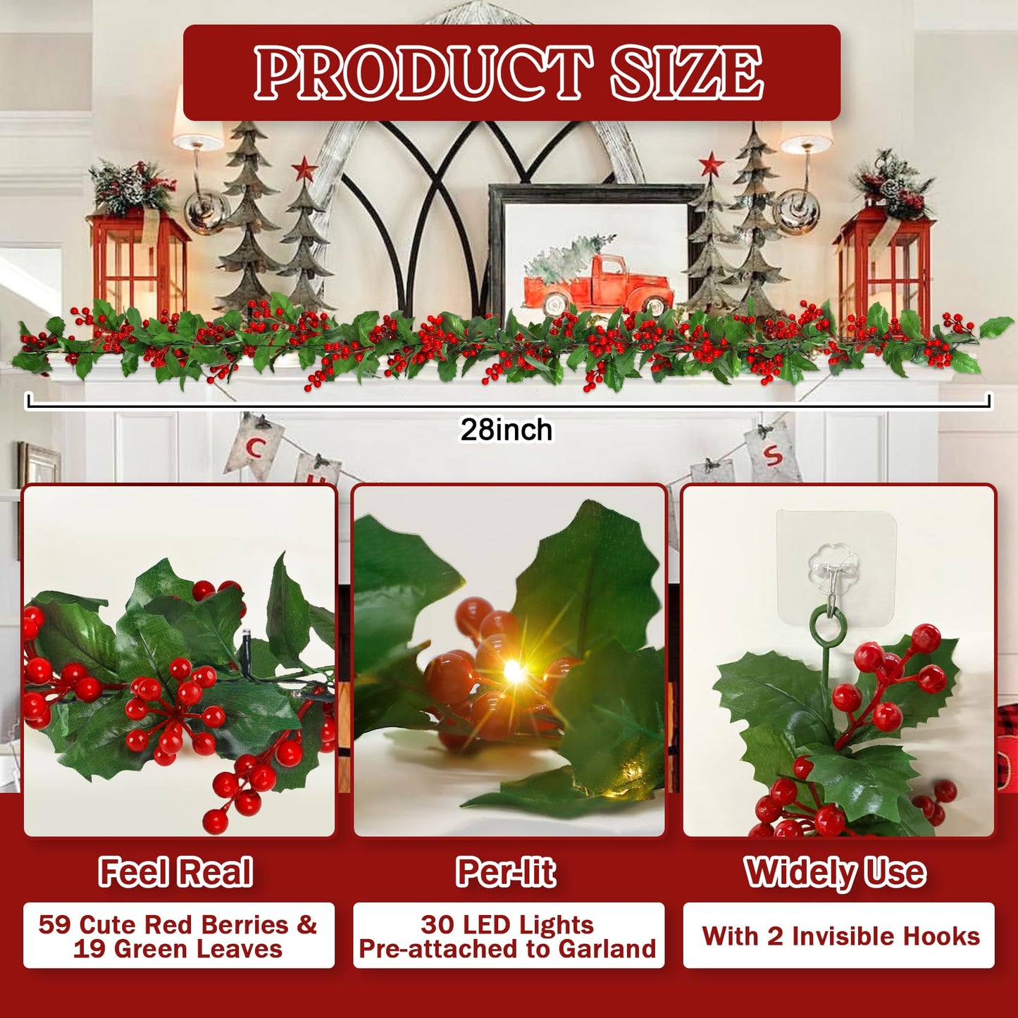 CandyHome 5.9 Ft Pre-lit Christmas Garland with Lights Red Berry & Green Leaves Lighted Christmas Garland Decorations for Indoor Outdoor Holiday Home Mantel Table Fireplace Winter Christmas Decor