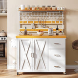 DWVO Farmhouse Bakers Rack with Power Outlet and LED Light, 53 inch Coffee Bar Cabinet Station with Storage, Microwave Stand on Wheels, with Wine Racks, Shelves, Goblet Holder and 14-S Hooks (White) DWVO