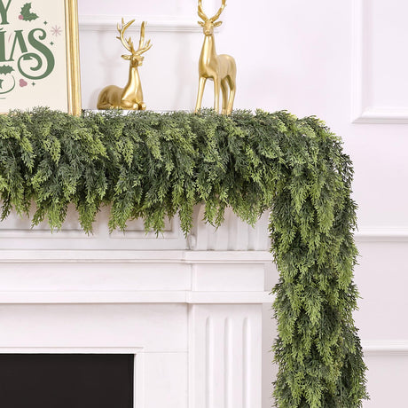9FT Christmas Cedar Garland for Mantle,Realistic Faux Greenery Garland,Soft and Thickness Artificial Pine Garlands for Christmas Mantel Table Outdoor Indoor Xmas Holiday Seasonal Decor ComfyKit