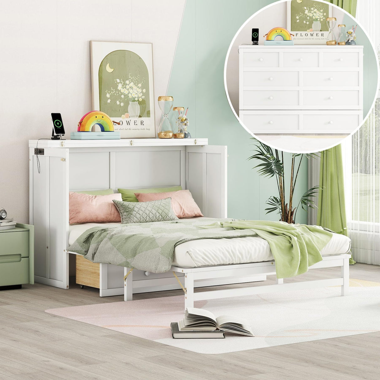 DNChuan Full Size Murphy Bed Cabinet with Storage Drawer and USB Port, Foldable Cube Chest Platform Bed, Pine Wood Frame, Space Saving, No Box Spring Required, White DNChuan