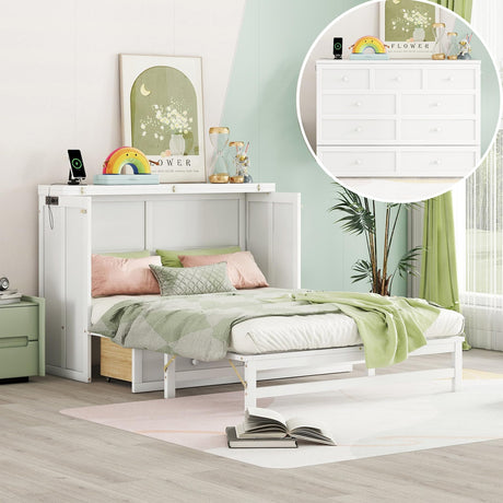 DNChuan Full Size Murphy Bed Cabinet with Storage Drawer and USB Port, Foldable Cube Chest Platform Bed, Pine Wood Frame, Space Saving, No Box Spring Required, White DNChuan
