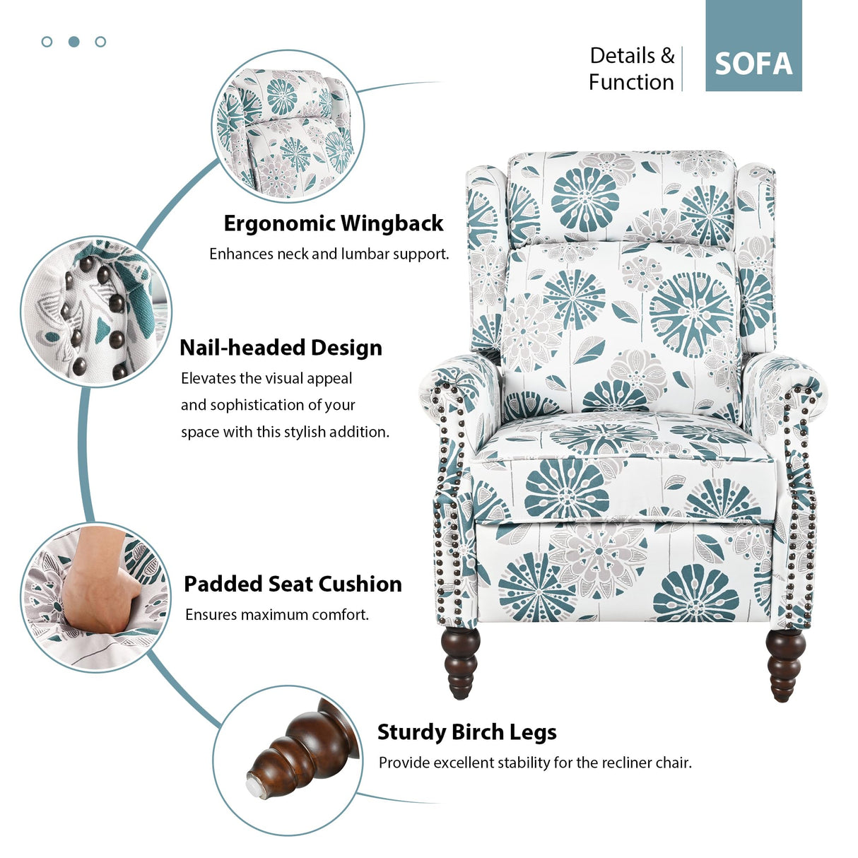 Christopher Knight Home 29.75" Push Back Recliner Chair,Upholstered Recliner Armchair with Classic Wing Back and Solid Gourd-Shaped Wooden Legs, White&Blue Christopher Knight Home