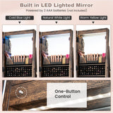 CHARMAID Jewelry Cabinet Armoire with Wheels, 64" H Full Length Mirror, 3-Color LED Lights, Height Adjustable Shelves, Lockable Standing Jewelry Organizer with Back Storage Shelves (Rustic Brown) CHARMAID