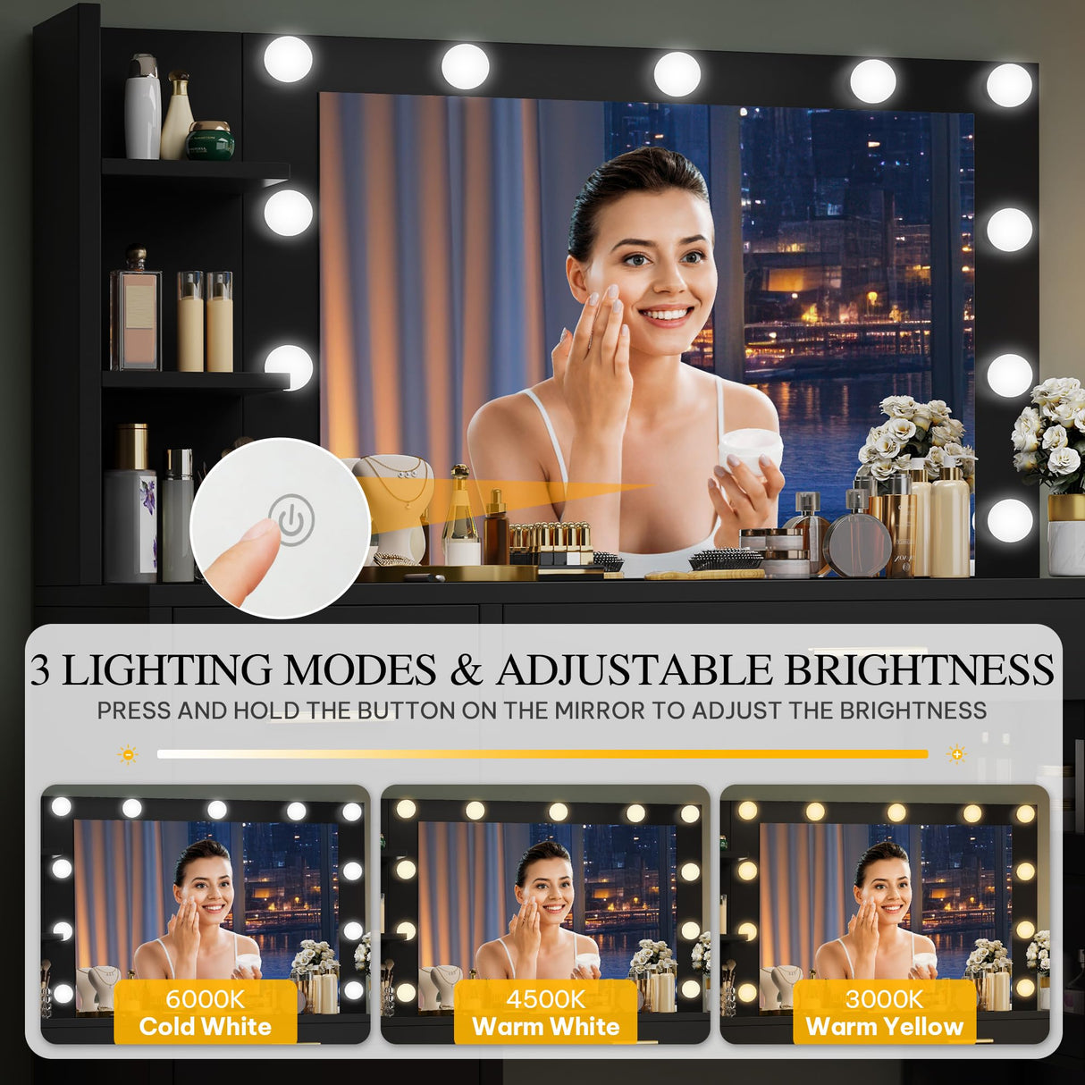 DWVO Vanity Desk with Mirror, Large Makeup Table with Power Outlets, 11 LED Bulbs, 3 Adjustable Light Modes, 4 Drawers and Built-in Shelves, Hollywood Dressing Vanity Desk Set for Bedroom, Black DWVO